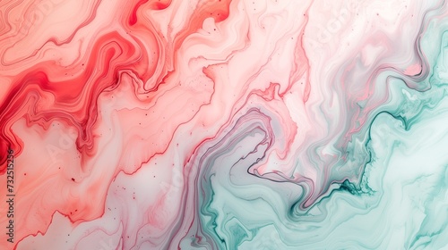 A harmonic and calming abstract masterpiece is created by delicate gradients of cool mint, soft lavender, and muted coral swirling gently over a sumptuous marble surface. 