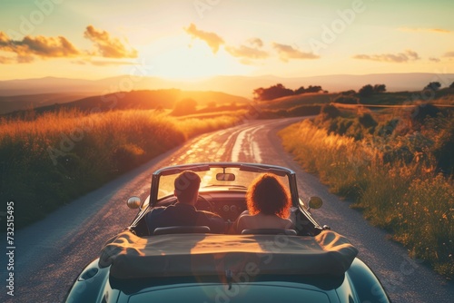 A young couple drives along a country road in an open-top car at sunset. AI generative photo