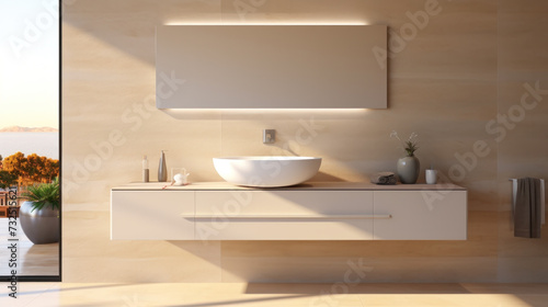 Interior of spacious clean bathroom with toilet bowl in modern apartment with beige tiled wall