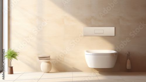 Interior of spacious clean bathroom with toilet bowl in modern apartment with beige tiled wall