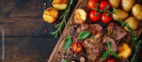 A wooden cutting board adorned with natural foods like meat, potatoes, and tomatoes; a perfect recipe for a delicious meal! photo