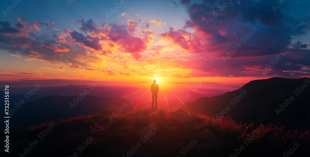 Naklejka premium sunset in the mountains, a visually striking image of a person silhouetted against a vibrant sunset, symbolizing hope and new beginnings 