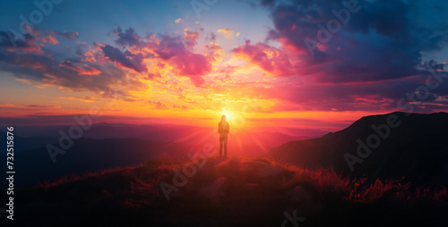sunset in the mountains, a visually striking image of a person silhouetted against a vibrant sunset, symbolizing hope and new beginnings 