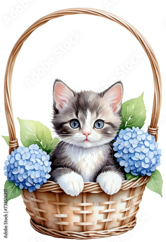 Watercolor painting of a cat sitting in a basket of hydrangeas o © Anoottotle