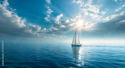 A vast seascape with a sailboat floating in the middle of the sea, where the horizon meets the clear sky.