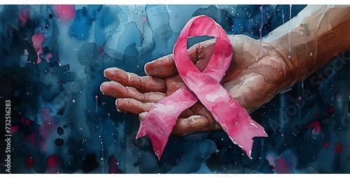 Pink Ribbon Hand: A Symbol of Breast Cancer Awareness Generative AI photo