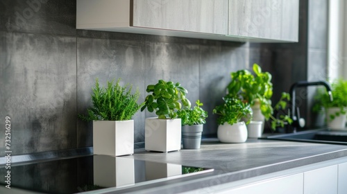 Modern kitchen with scented green plants, Closeup