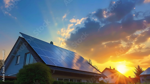 Solar energy panels on the roof of a home harnessing photovoltaic power for eco-friendly electricity. Greenhouse with solar panel system reflects future engineer technology and ecological.