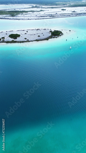 Aerial Drone view of the Pirate Channel of Bacalar Quintana roo, Cancun, in Riviera Maya, Mexico Lagoon of seven colors aerial view.