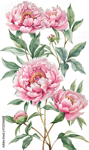 Watercolor floral illustrations of peonies including buds  leaves  frames  borders  and seamless patterns for wedding invitations  greeting cards  or posters.