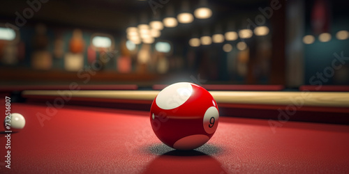 Billiard red white color balls freeze frame shot red table capturing moment spinning cue ball impacts glowing night background photo