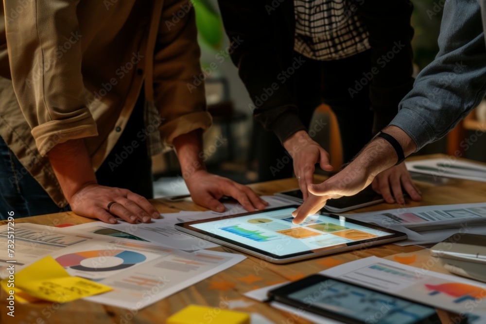 Fototapeta premium Business people, data analysis with tablet and paperwork, hands with online review in meeting and team with market research. Statistics, analytics dashboard and digital infographic with collaboration