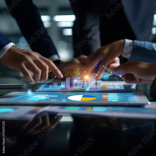 Business people, data analysis with tablet and paperwork, hands with online review in meeting and team with market research. Statistics, analytics dashboard and digital infographic with collaboration