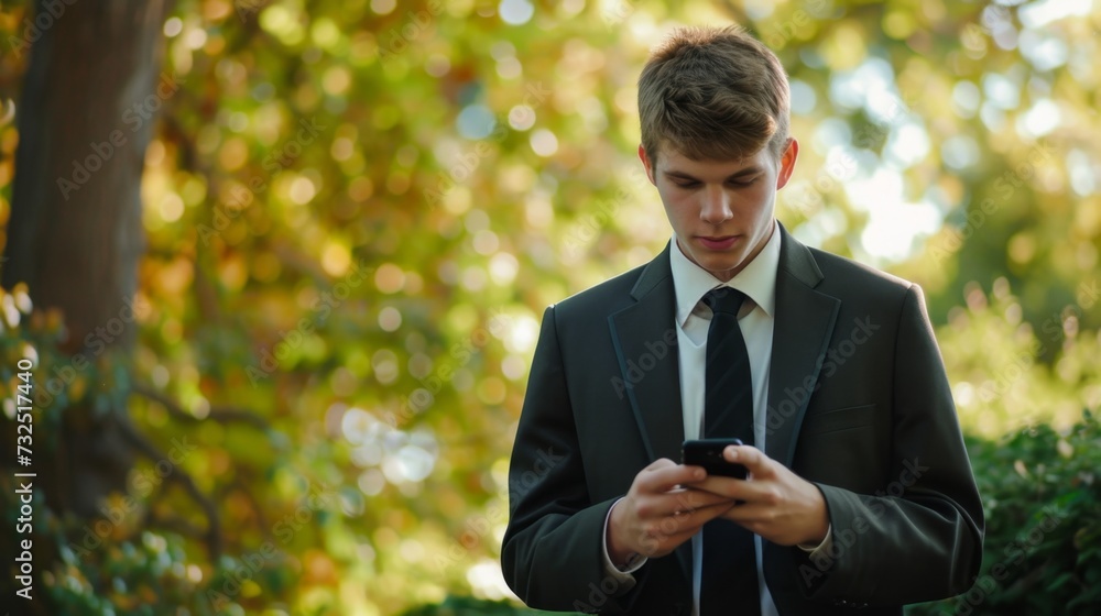 businessman looking at his cell phone outdoors, connection or mobile user with internet
