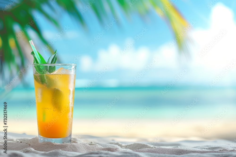 Exotic summer cocktail on the sand against the backdrop of a sunny beach with space for text. AI generative Exotic summer cocktail on the sand against the backdrop of a sunny beach with space for text. AI generative