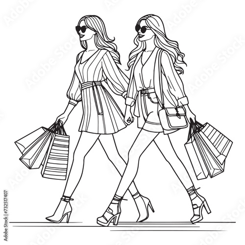 Fashion Girls shopping sketch lineart