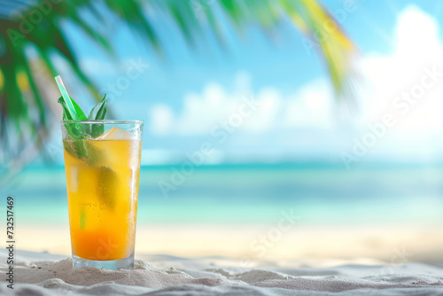 Exotic summer cocktail on the sand against the backdrop of a sunny beach with space for text. AI generative