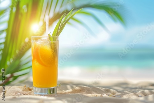 Exotic summer cocktail on the sand against the backdrop of a sunny beach with space for text. AI generative