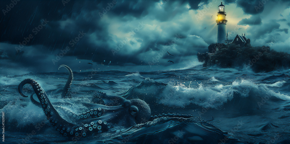Fototapeta premium lighthouse in the sea and the giant octopus under water