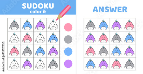 Sudoku. Whale. Coloring sudoku with cute whales. Squishmallow. Cartoon