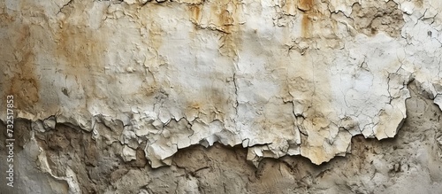 A detailed view of a weathered concrete wall, revealing peeling beige paint, resembling a bedrock pattern.