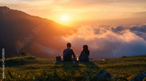 Middle aged couple date on a mountain ridge high above the clouds at sunset or sunrise dawn with beutiful mountaneous landscape
