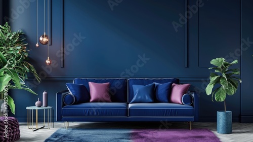 Elegant navy blue living room with velvet couch and modern decor. photo