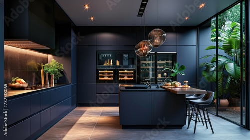 Modern kitchen with dark blue cabinets and indoor plants.