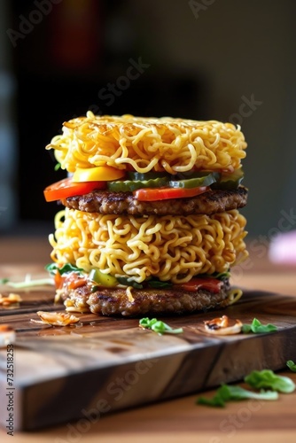 Ramen noodle burger with beef patty, lettuce, and tomato.