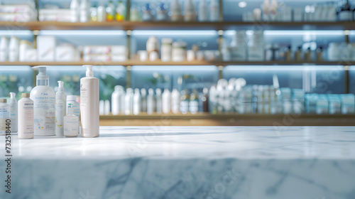 a pharmacy marble table counter showcasing a variety of medicines and healthcare products neatly arranged on shelves, set against a defocused background to evoke a sense of tranquility and wellness © Zohaib zahid 