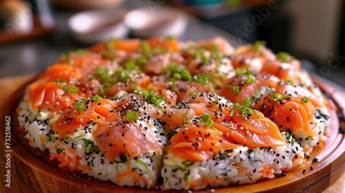 Sushi cake with salmon, avocado, and caviar.