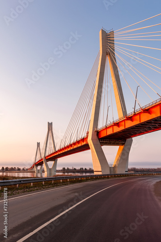Cable-stayed bridge in the light of the morning sun and against the background of a clear blue sky. Murom. Russia. © Андрей Иванов