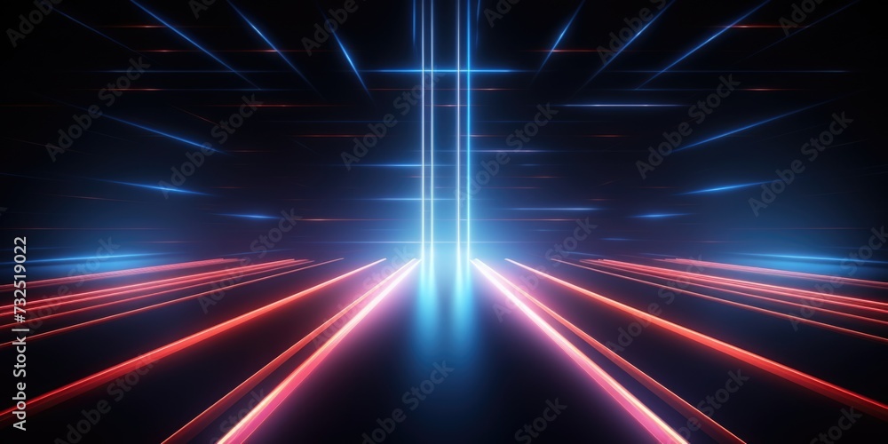 A room with neon glowing lines on a dark background
