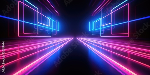 Abstract neon geometric lines in blue and pink on a dark background.