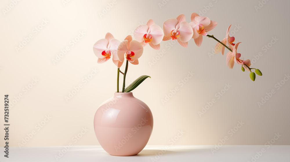 Pink vase with orchids on a white table against a beige wall