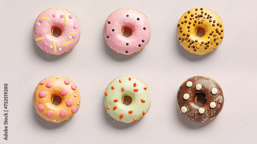 Set of colorful donuts isolated on white background. Top view. Set of colorful donuts isolated on white background. Top view.