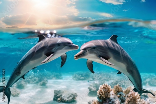 a couple of dolphins swimming in the ocean underwater 