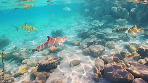 Underwater view of coral reef with tropical fishes and coral reef.