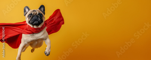 Superhero dog, Cute pug with a red cloak  jumping and flying on yellow background with copy space. The concept of a superhero, funny dog pet, leader, funny animal studio shot. photo