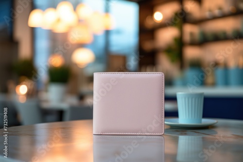 Pink wallet on a marble table with a coffee cup in a cozy cafe interior.