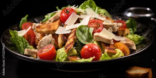 Delicious Caesar chicken salad with parmesan cheese, tomatoes, croutons