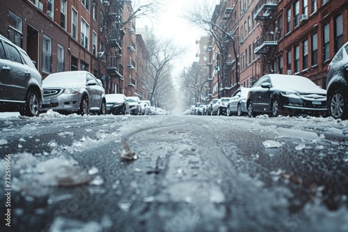 A frozen street in the city . result of global warming and climate change