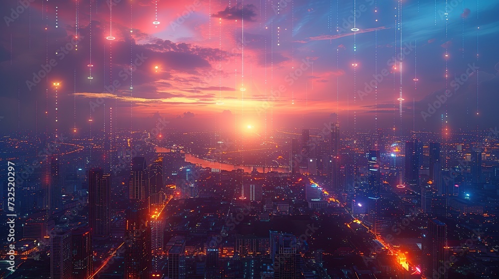 smart city points connected with gradient lines Metaverse technology connection concept, night signal with big data.