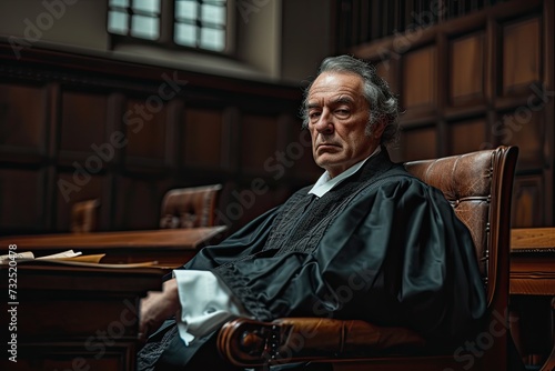 A judge listens to arguments in court, ensuring fairness in the trial and deliberating on the verdict. © Murda