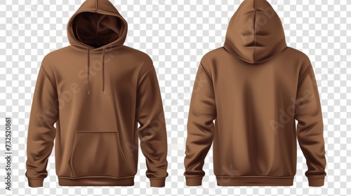 Set of brown front and back view tee hoodie hoody sweatshirt on transparent background cutout, PNG file. Mockup template for artwork graphic design