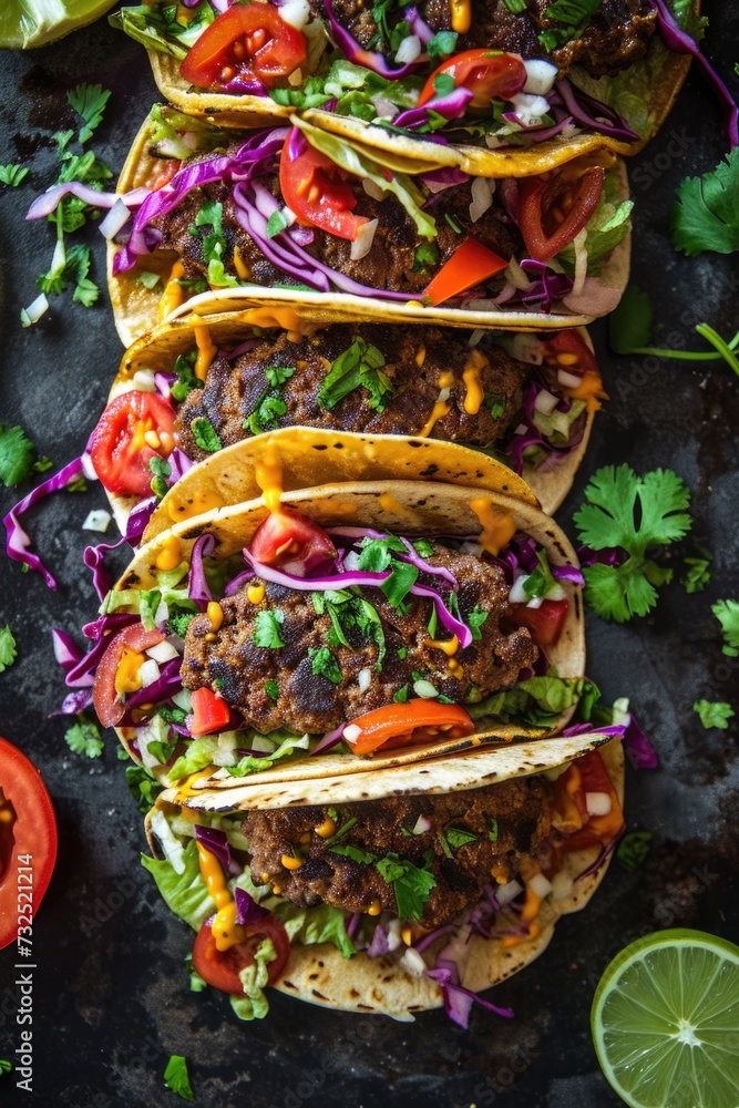 Loaded beef tacos with fresh vegetables on a dark background.