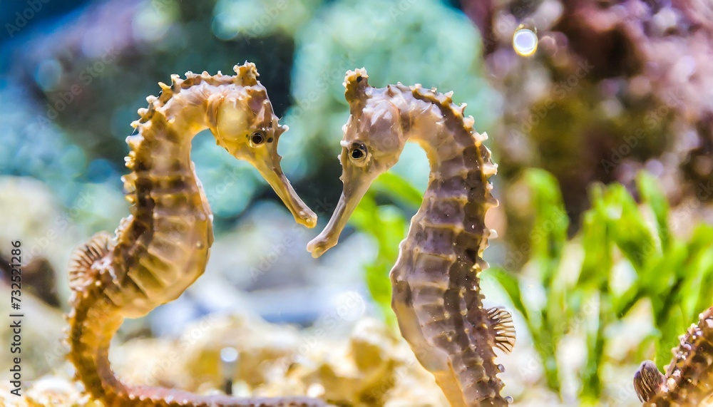 Several seahorses in the saltwater aquarium Several seahorses in the saltwater aquarium