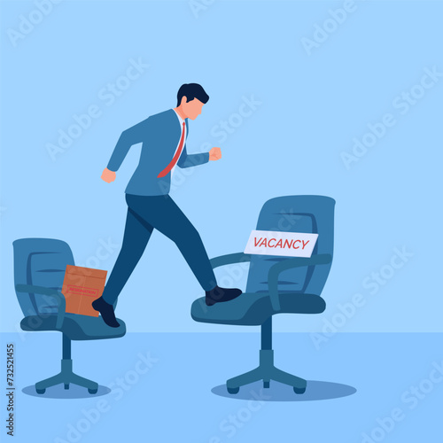 Man jumps over chair with resignation envelope towards chair with vacancy written on it, metaphor for resignation. Simple flat conceptual illustration.