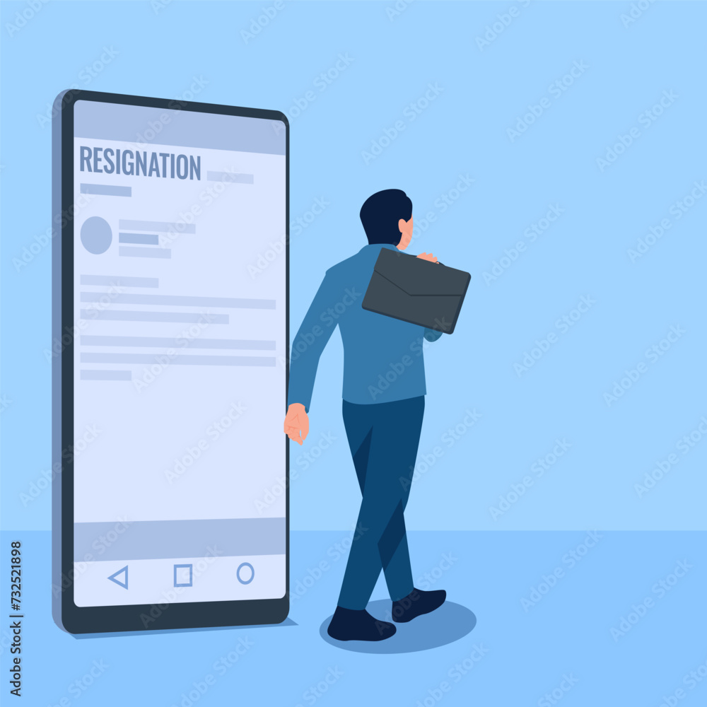 Man carrying briefcase passing cell phone with resignation email, metaphor for resignation. Simple flat conceptual illustration. Man carrying briefcase passing cell phone with resignation email, metaphor for resignation. Simple flat conceptual illustration.
