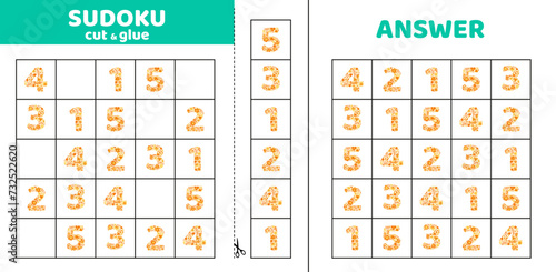 Sudoku with five orang floral numbers. Game puzzle for kids. Cut and glue. Doodle
